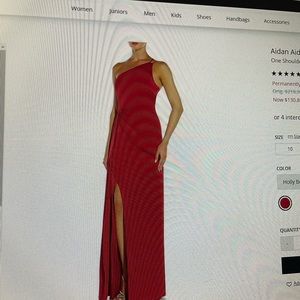 Red, satin one-shoulder gown w/ dramatic slit